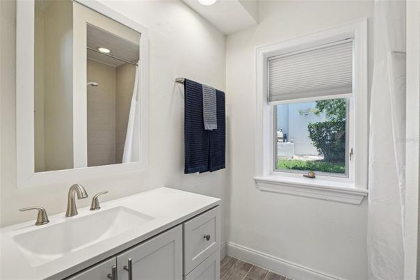 Bathroom, Interior, Recessed Lighting, Wood Texture Flooring