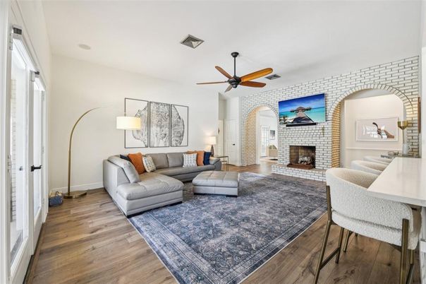 Fireplace, Interior, Living room, Stone Walls, Wood Texture Flooring