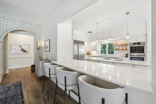 Interior, Kitchen, Pendant Lights, Stainless Steel Appliances, Wood Texture Flooring