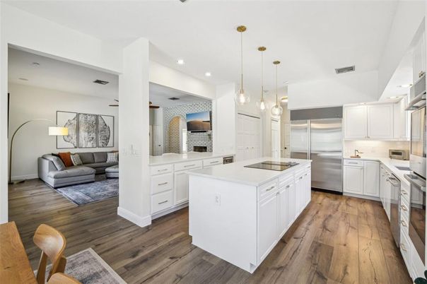 Interior, Kitchen, Living room, Pendant Lights, Recessed Lighting, Stainless Steel Appliances, Wood Texture Flooring