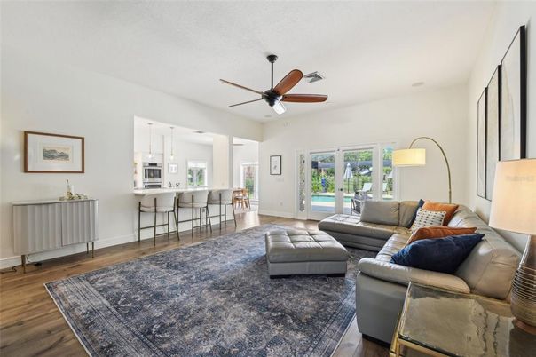 Interior, Kitchen, Living room, Pendant Lights, Wood Texture Flooring