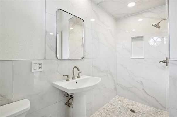 Bathroom, Glass Shower, Interior, Marble Walls, Recessed Lighting