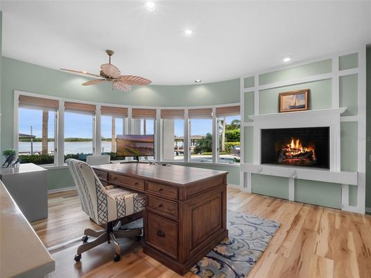 Fireplace, Home Office, Interior, Recessed Lighting, Water, Wood Texture Flooring