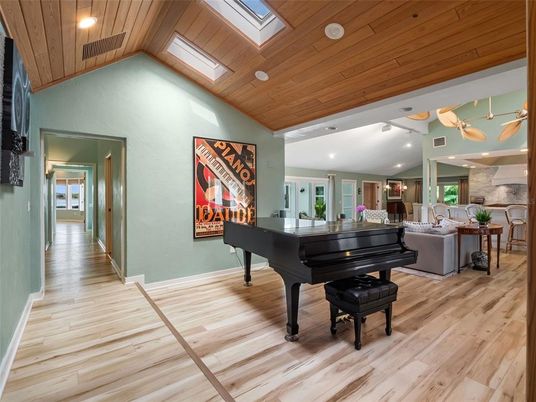 Interior, Living room, Pendant Lights, Piano, Recessed Lighting, Wooden Ceilings, Wood Texture Flooring