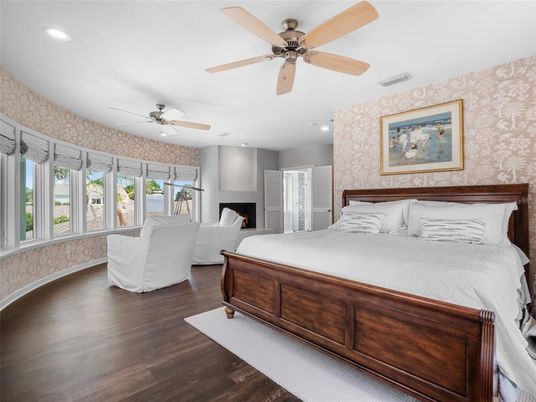 Bedroom, Fireplace, Interior, Recessed Lighting, Wood Texture Flooring