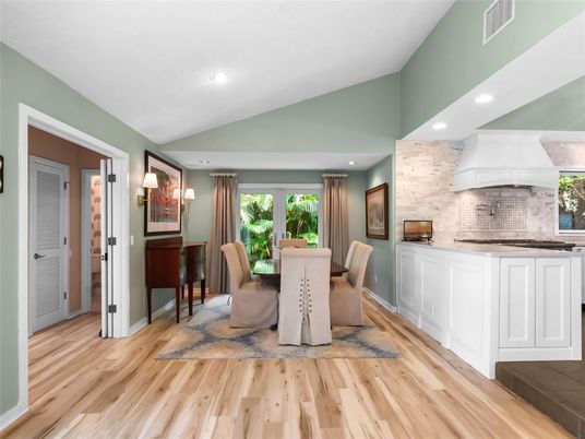Dining room, Interior, Recessed Lighting, Wood Texture Flooring