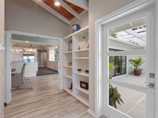 Chandelier, Interior, Pendant Lights, Recessed Lighting, Wooden Ceilings, Wood Texture Flooring