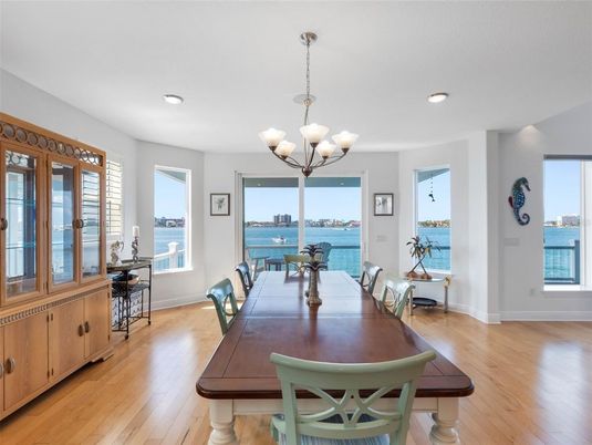 Chandelier, Dining room, Interior, Recessed Lighting, Water, Wood Texture Flooring