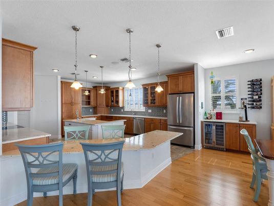 Interior, Kitchen, Pendant Lights, Recessed Lighting, Stainless Steel Appliances, Wood Texture Flooring