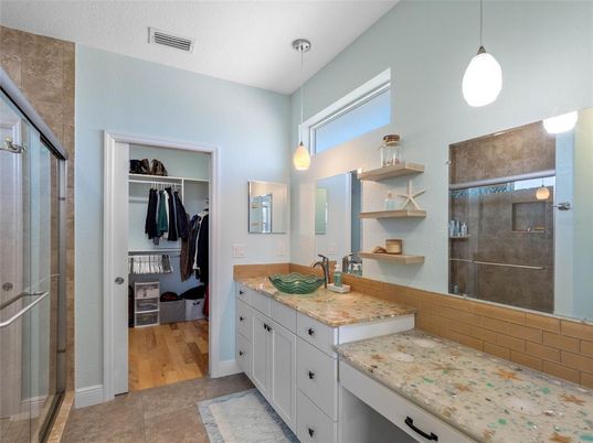 Bathroom, Glass Shower, Interior, Pendant Lights, Wood Texture Flooring