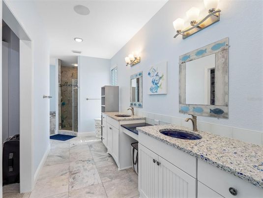 Bathroom, Dual Sink Vanities, Glass Shower, Interior, Recessed Lighting
