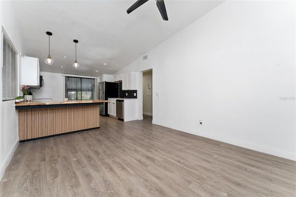Interior, Kitchen, Pendant Lights, Recessed Lighting, Wood Texture Flooring
