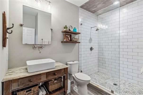 Bathroom, Glass Shower, Interior, Wood Texture Flooring