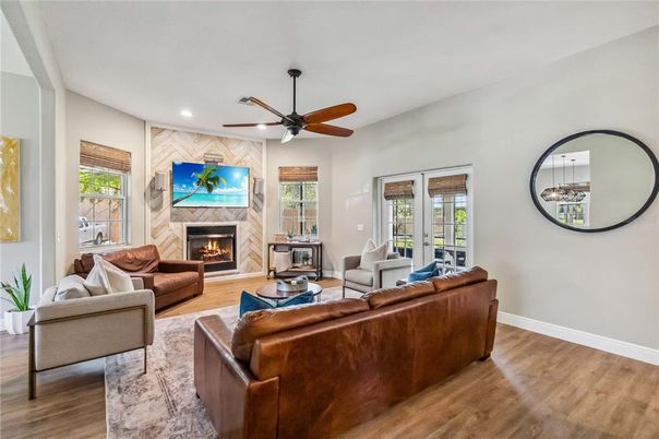 Fireplace, Interior, Living room, Recessed Lighting, Wood Texture Flooring