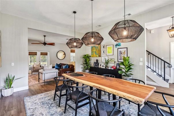 Dining room, Interior, Living room, Pendant Lights, Wood Texture Flooring