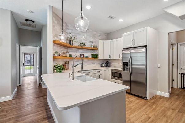 Interior, Kitchen, Pendant Lights, Recessed Lighting, Stainless Steel Appliances, Wood Texture Flooring