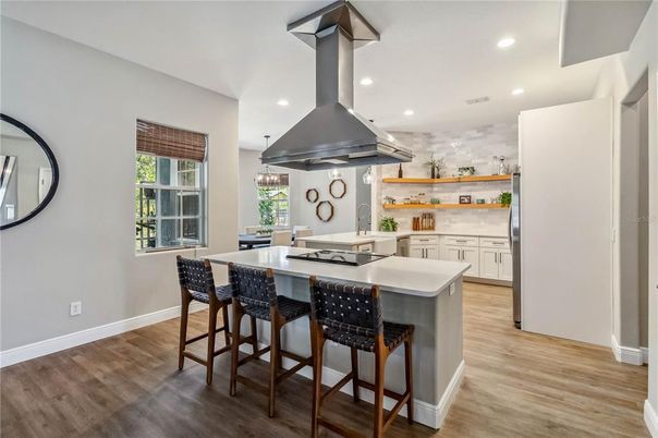 Dining room, Interior, Kitchen, Pendant Lights, Recessed Lighting, Wood Texture Flooring
