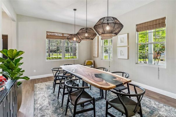 Dining room, Interior, Pendant Lights, Wood Texture Flooring
