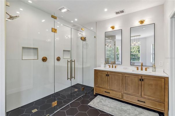 Bathroom, Dual Sink Vanities, Glass Shower, Interior, Pendant Lights, Recessed Lighting