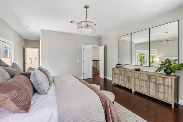 Bedroom, Chandelier, Interior, Pendant Lights, Wood Texture Flooring