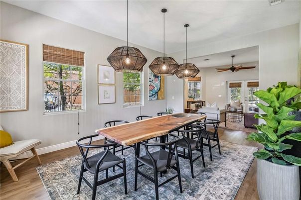Dining room, Interior, Living room, Pendant Lights, Wood Texture Flooring