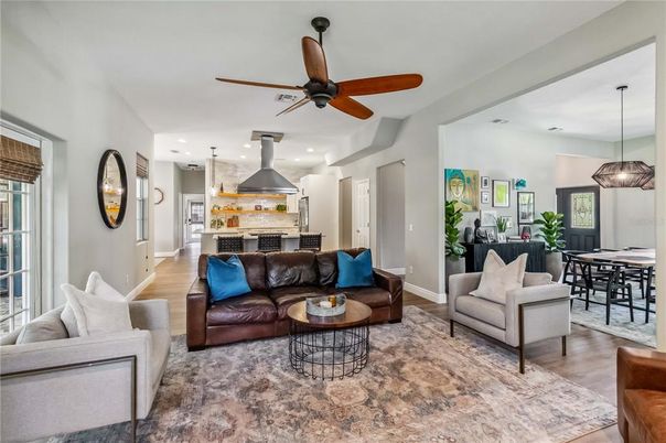 Dining room, Interior, Kitchen, Living room, Pendant Lights, Recessed Lighting, Wood Texture Flooring