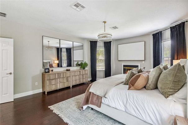 Bedroom, Chandelier, Fireplace, Interior, Pendant Lights, Wood Texture Flooring