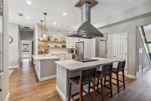 Interior, Kitchen, Pendant Lights, Recessed Lighting, Stainless Steel Appliances, Wood Texture Flooring