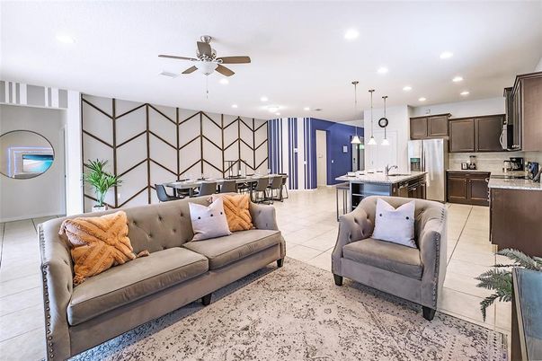 Dining room, Interior, Kitchen, Living room, Pendant Lights, Recessed Lighting, Stainless Steel Appliances