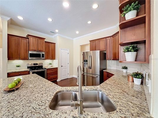 Interior, Kitchen, Recessed Lighting, Stainless Steel Appliances, Wood Texture Flooring