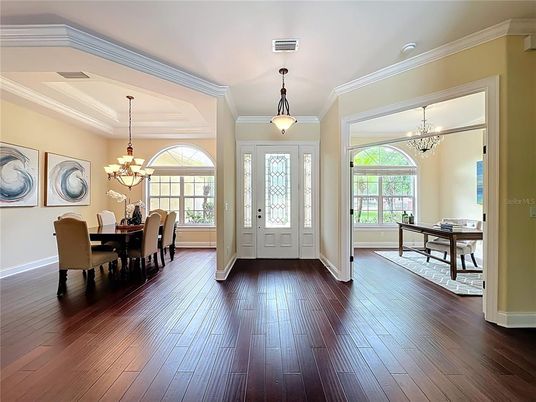 Chandelier, Dining room, Interior, Pendant Lights, Wood Texture Flooring