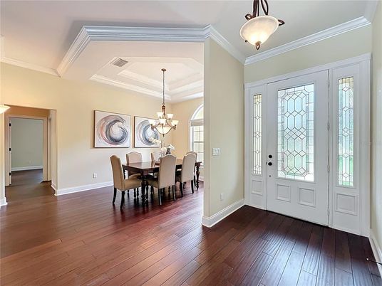 Chandelier, Dining room, Interior, Wood Texture Flooring