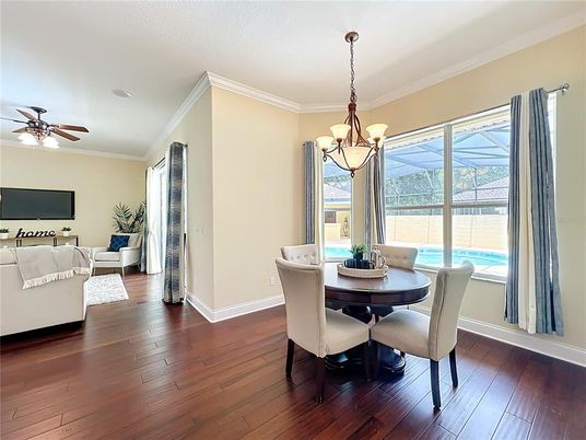 Chandelier, Dining room, Interior, Living room, Sun Room, Wood Texture Flooring