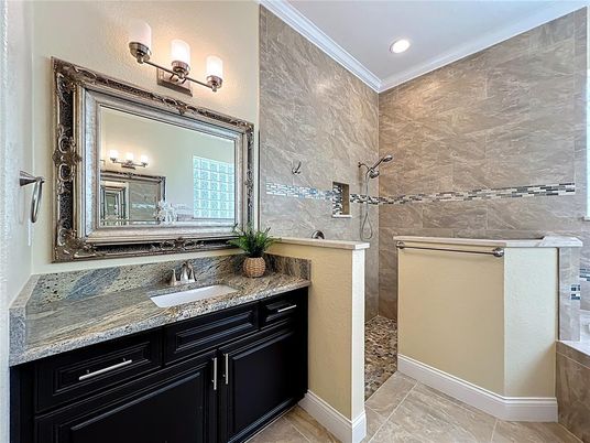 Bathroom, Interior, Marble Walls, Recessed Lighting