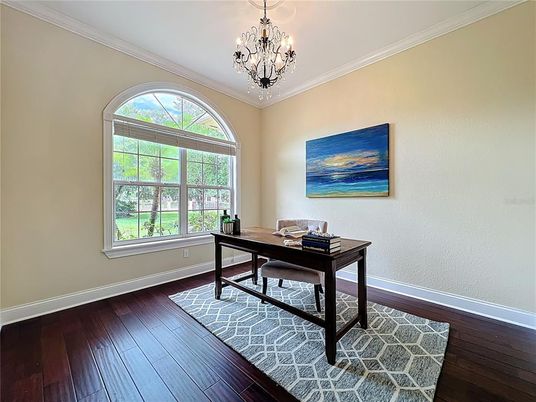 Chandelier, Home Office, Interior, Wood Texture Flooring