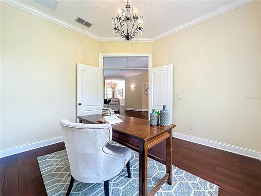 Chandelier, Home Office, Interior, Wood Texture Flooring