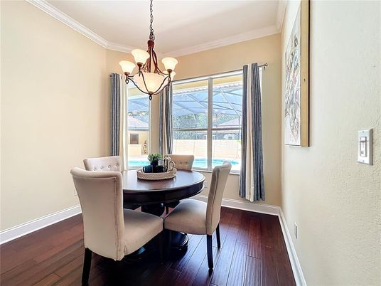 Chandelier, Dining room, Interior, Wood Texture Flooring