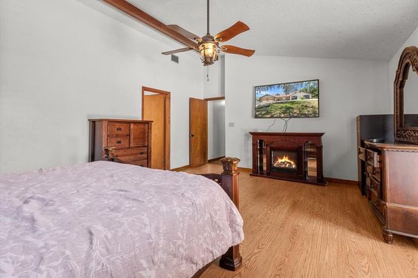 Bedroom, Fireplace, Interior, Wood Texture Flooring