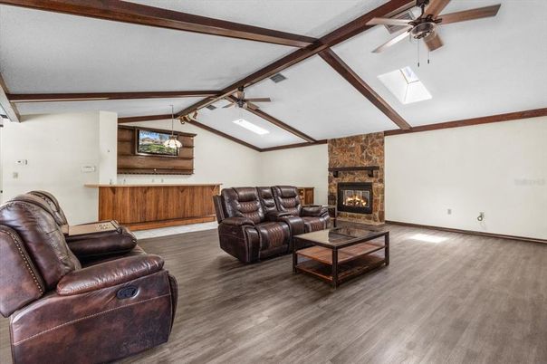 Fireplace, Interior, Living room, Pendant Lights, Wood Texture Flooring