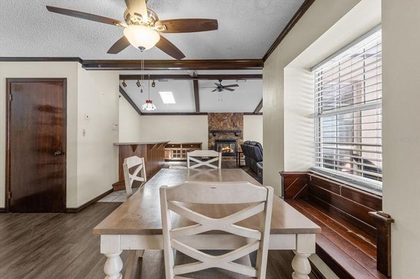Dining room, Fireplace, Interior, Wood Texture Flooring