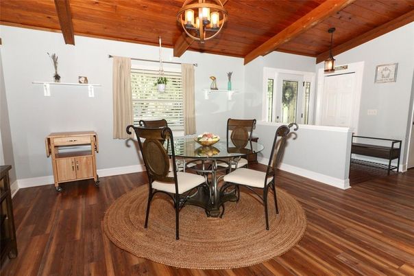 Chandelier, Dining room, Interior, Pendant Lights, Wooden Beams, Wooden Ceilings, Wood Texture Flooring