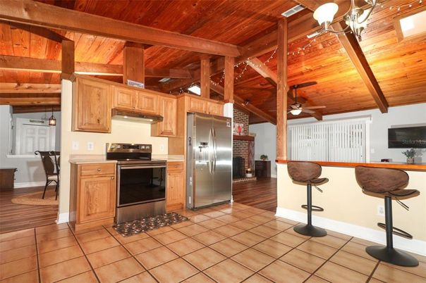 Interior, Kitchen, Pendant Lights, Stainless Steel Appliances, Wooden Beams, Wooden Ceilings, Wood Texture Flooring