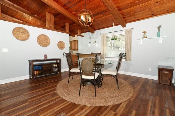 Dining room, Interior, Pendant Lights, Wooden Beams, Wooden Ceilings, Wood Texture Flooring