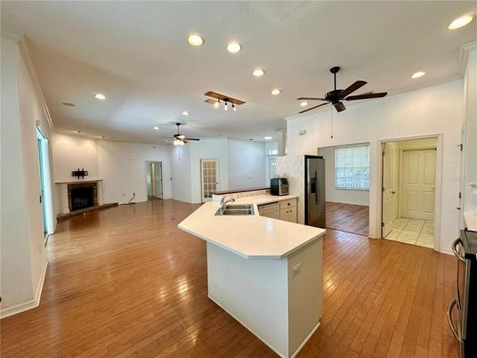 Empty room, Interior, Kitchen, Recessed Lighting, Wood Texture Flooring