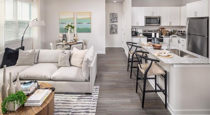 Dining room, Interior, Kitchen, Living room, Recessed Lighting, Stainless Steel Appliances, Wood Texture Flooring