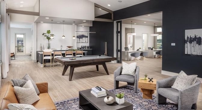 Billiard Table, Dining room, Game Room, Interior, Living room, Pendant Lights, Recessed Lighting, Wood Texture Flooring
