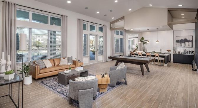 Billiard Table, Game Room, Interior, Living room, Pendant Lights, Recessed Lighting, Wood Texture Flooring
