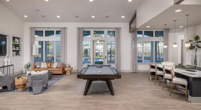 Billiard Table, Dining room, Game Room, Interior, Living room, Pendant Lights, Recessed Lighting, Wood Texture Flooring