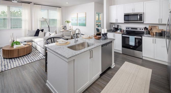 Interior, Kitchen, Living room, Recessed Lighting, Stainless Steel Appliances, Wood Texture Flooring