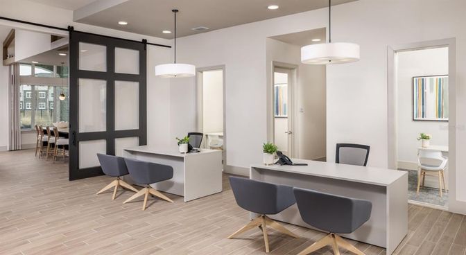 Home Office, Interior, Pendant Lights, Recessed Lighting, Wood Texture Flooring
